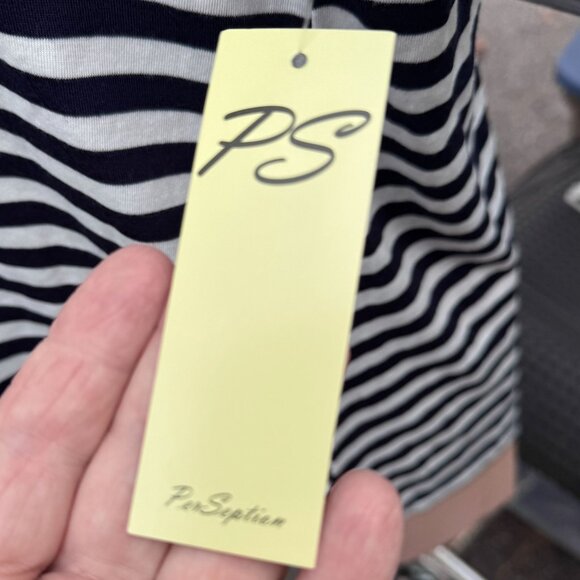 Per Seption Women Navy White Striped Top 2X Openwork‎ Sleeves Nautical Tee NEW - Picture 6 of 13